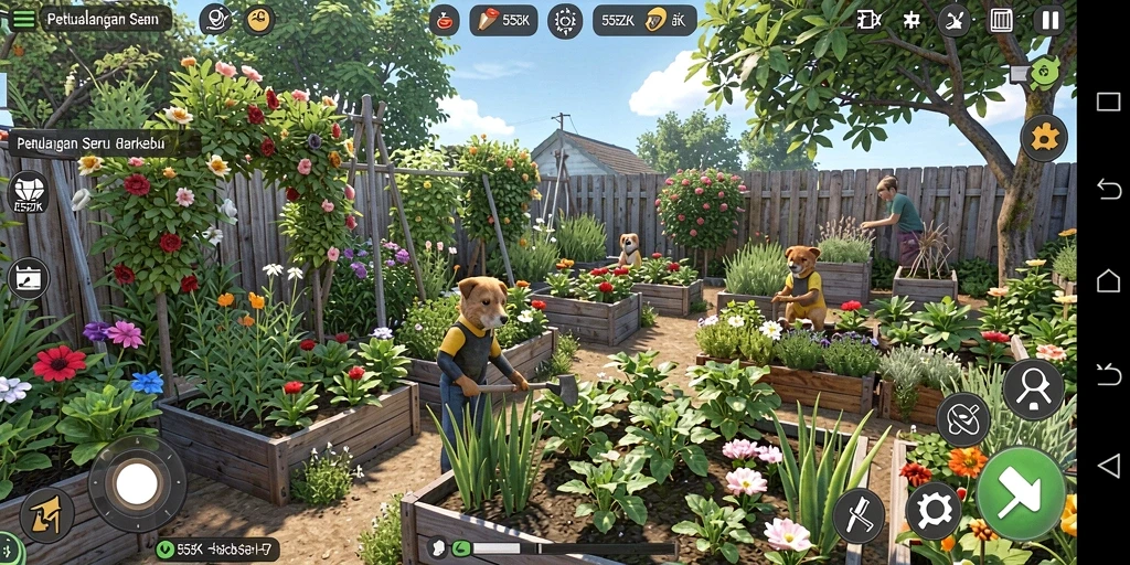 Screenshot utama 555ZK menampilkan petualangan berkebun yang seru.