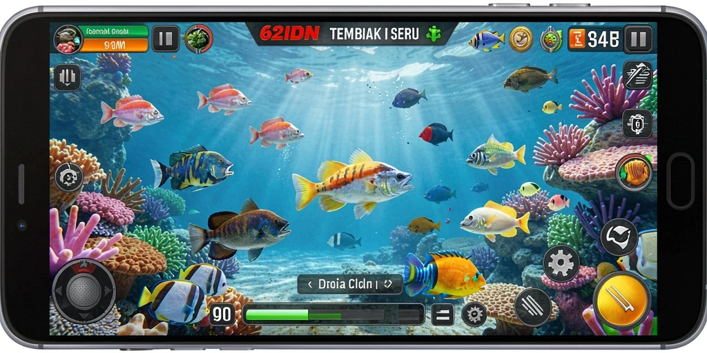 Tampilan screenshot permainan 62IDN dengan aksi Tembak Ikan yang seru.