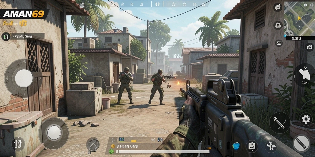 Screenshot gameplay AMAN69 menampilkan aksi tembak-menembak yang intens.