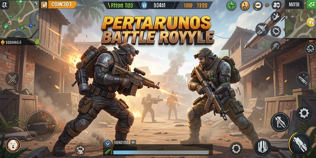 Screenshot dari gameplay COIN303 menampilkan aksi Battle Royale yang mendebarkan.