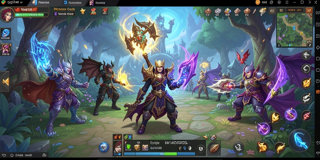 Screenshot gameplay QQSTAR menunjukkan pertarungan epik di dunia MMORPG.