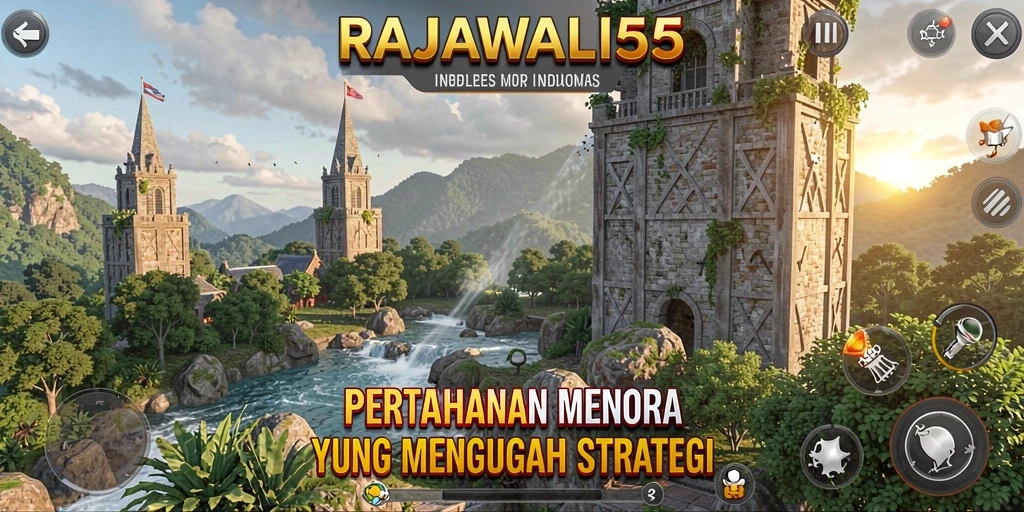 Screenshot utama RAJAWALI55 menampilkan aksi menara dalam Tower Defense.