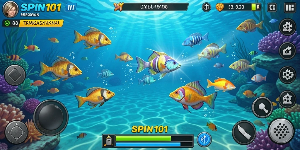 Screenshot menunjukkan gameplay Tembak Ikan yang seru di SPIN101.