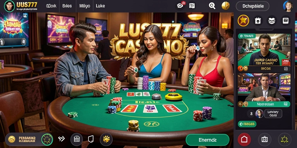 Screenshot UUS777 menunjukkan dealer dan pemain dalam permainan live casino yang seru.